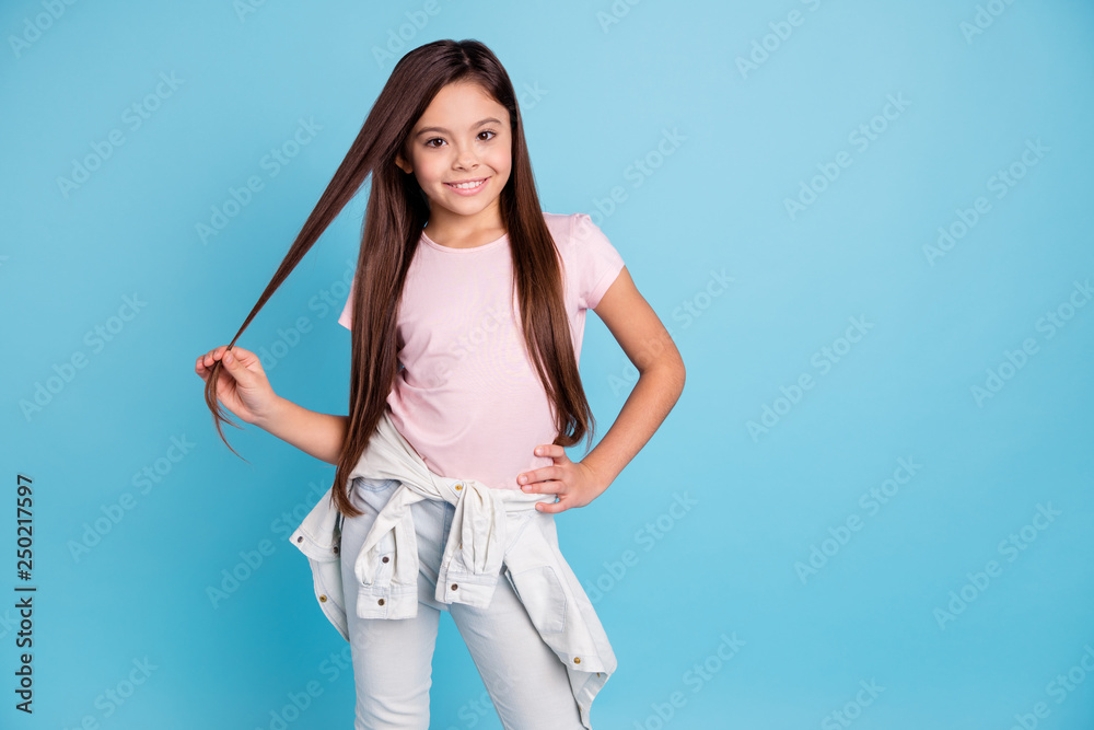 Sticker Portrait of her she nice cute lovely trendy pretty attractive cheerful straight-haired brunette girl demonstrating long shine groomed hair curls isolated over blue pastel background