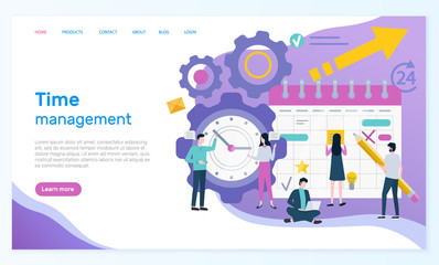 Time management online web page with organizer vector. Men and women compose business schedule, wall clock, success element and productive work arrangement. Website or webpage template landing page