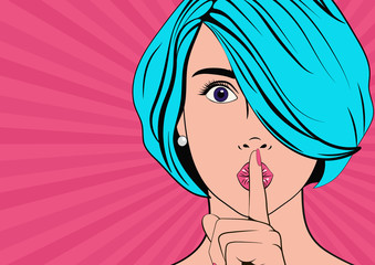 Woman says "Shh!". It's a secret! Pop art comics style. Vector illustration.