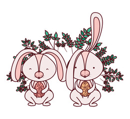 easter bunnies with flowers isolated icon