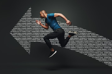 Jump higher Sportsman jumping over dark background. Graphic drawing.