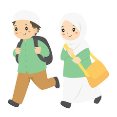 Muslim boy and girl running to school. Muslim students vector characters.