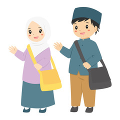 Happy Muslim students waving their hand. Muslim kids cartoon vector