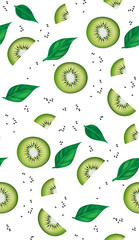 Fresh kiwi slices, leaves and seeds seamless pattern. Realistic vector illustration.