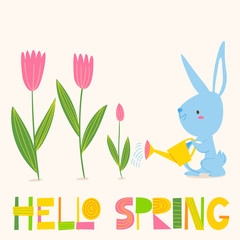 Vector spring easter card with flowers, bunny and chicken. 