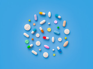 Scattered parmaceutical medicine pill tablets on the blue background. Mock up template. Health care concept. 3d render illustration