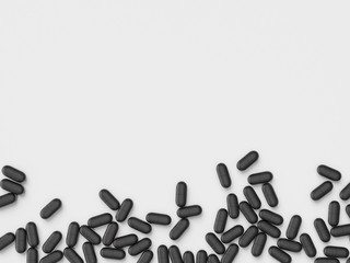 Scattered parmaceutical medicine pill tablets on the blue background. Mock up template. Health care concept. 3d render illustration