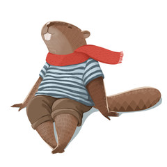 Illustration of the beaver like human in brown trousers, t-shirt and red scarf sitting and smiling © Kateryna
