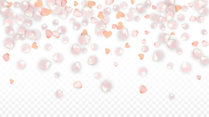 Vector Realistic Petals and Hearts Confetti. Flying Sakura and Hearts on Transparent Background. Wedding Invitation Background. Spring Romance Poster. Vector Illustration for Anniversary Design.