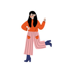Beautiful Brunette Woman Wearing Casual Clothes Showing Victory Sign, Self Acceptance, Beauty Diversity, Body Positive Vector Illustration
