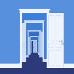 Doors open in many rooms. Metaphor of business, life opportunity, new ways to success, chance and possibility to get development, path to reach goal or dream. Vector illustration, faceless characters