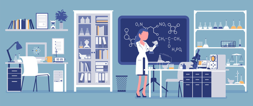 Female scientist working in laboratory. Woman in white coat, scientific investigator does research in physical natural sciences. Education and science concept. Vector illustration, faceless characters