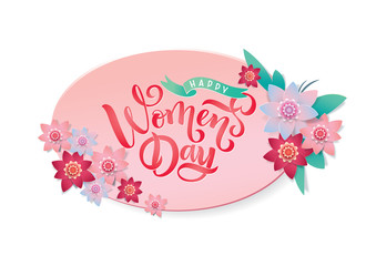 Spring Floral Frame. Greeting Card with Blooming garden flowers Lettering text Womens Day. Promotion offer for summer