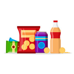 Snack product set, fast food snacks, drinks, nuts, cracker, juice isolated on white background. Flat illustration in vector