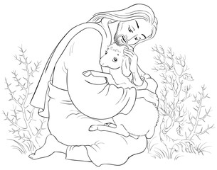 History of Jesus Christ. The Parable of the Lost Sheep. The Good Shepherd Rescuing a Lamb Caught in Thorns Coloring Page