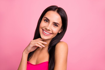 Close up photo hand arm on chin gorgeous cute she her lady spring mood sincere kindhearted beaming smiling wearing bright classy chic vivid pink dress outfit isolated on rose background