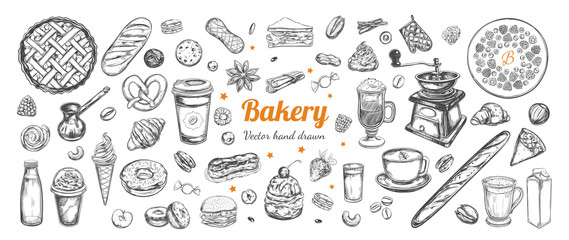 Coffee and Bakery vector hand drawn, elements. Template with vintage sketch illustrations , Different types of pastry and coffee, latte, capuccino, coffe to go cup