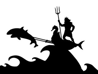 Poseidon Neptunus god dolphin chariot silhouette ancient mythology fantasy. Vector illustration. © KozyrevaElena