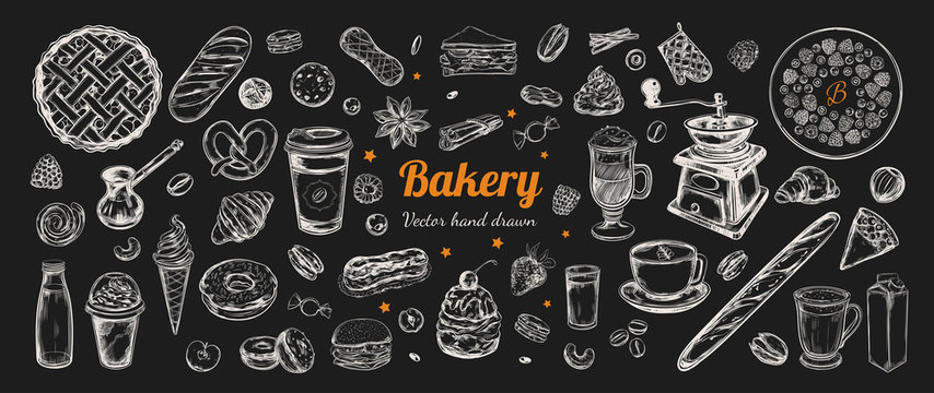 Coffee and Bakery vector hand drawn, elements. Template with vintage sketch illustrations , Different types of pastry and coffee, latte, capuccino, coffe to go cup