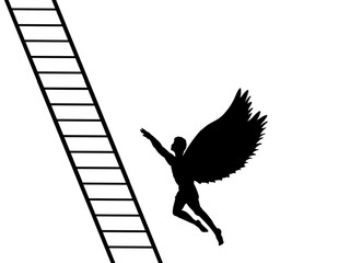 Man flying up career ladder silhouette mythology symbol fantasy tale. Vector illustration.