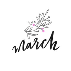 March Spring vector handwritten Lettering. Hand sketched logotype.