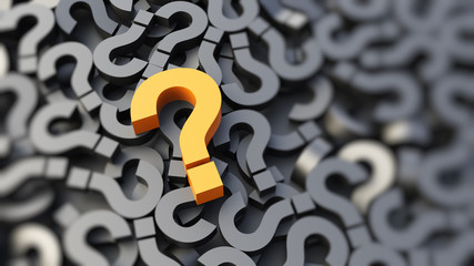 Yellow question mark on a background of black signs. 3D Rendering