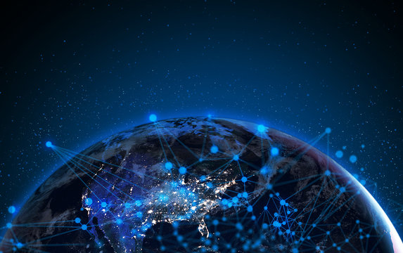 hologram dot point plexus connection server internet data technology to global earth and social network world innovation Elements of this image furnished by NASA