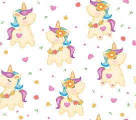 Vector cute unicorns seamless pattern,  isolated on white.
