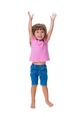 Cheerful positive little girl 3 years old happily jumping up and screaming cheers isolated on white background. Happy childhood and emotions