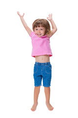 Cheerful positive little girl 3 years old happily jumping up and screaming cheers isolated on white background. Happy childhood and emotions