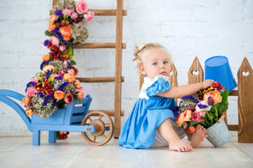 Small toddler lovely girl in blue dress with a bucket and a cart of flowers in studio scenery beautiful garden. Little gardener