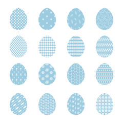 Set of tender vector blue Happy Easter eggs with white decoration. Collection of egg icons with striped and dotted decor for Easters banner, greeting card design