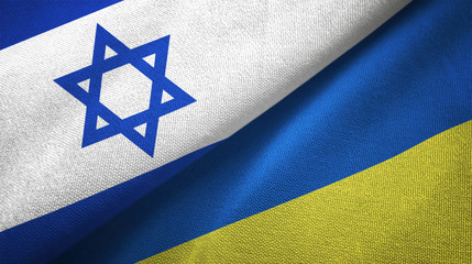Israel and Ukraine two flags textile cloth, fabric texture