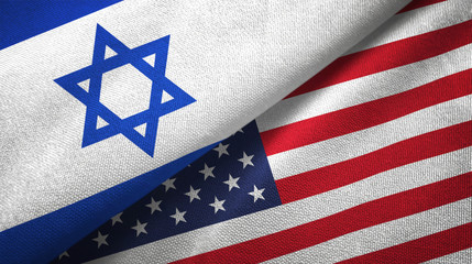 Israel and United States two flags textile cloth, fabric texture