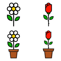 cartoon red rose and cute chamomile in a pot set