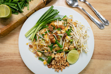 Thailand's national dishes, stir-fried noodles with egg, vegetable and shrimp (Pad Thai)