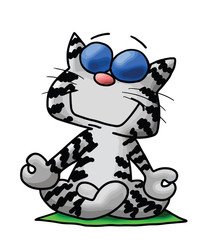 Cartoon cat with eyeglasses sitting in a lotus position doing yoga vector illustration