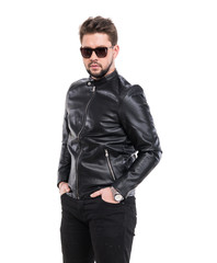 Young beard man in sunglasses wearing black leather jacket