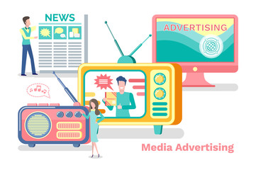 Media advertisement vector, television and radio with antenna, laptop screen. Advertisement product promotion in newspaper, show on tv broadcasting