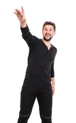 Young beard man in black T-shirt posing in studio