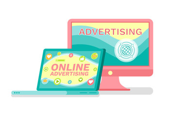 Laptop and computer, online advertising services vector. Promo and commercial through Internet and electronic devices and technologies, social media