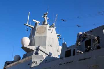 Fototapeta premium closeup of a battleship with radarsystem in port