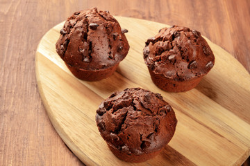 Chocolate muffins on a dark rustic wooden background with copy space