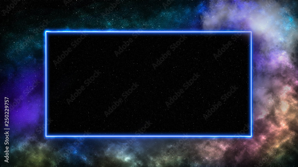 Wall mural outer space background with galaxies and stars. frame for text or product display made of neon laser