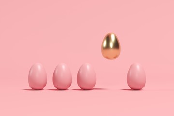Outstanding Golden Egg Floating among brown eggs on pink background. minimal Easter idea.