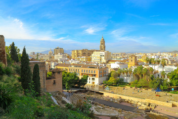 Naklejka na ściany i meble view of the lower part of the alcazaba and the cathedral from the amphitheatre of malaga