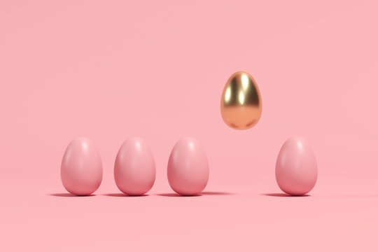 Outstanding Golden Egg Floating among brown eggs on pink background. minimal Easter idea. - Powered by Adobe