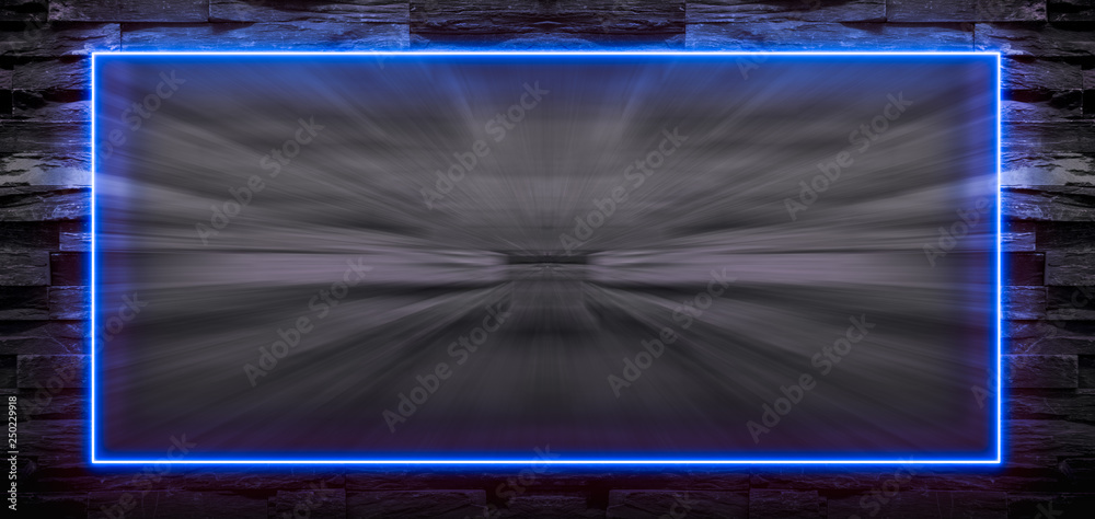Wall mural blue neon light frame on stone background with motion blur. copy space for text or product display.