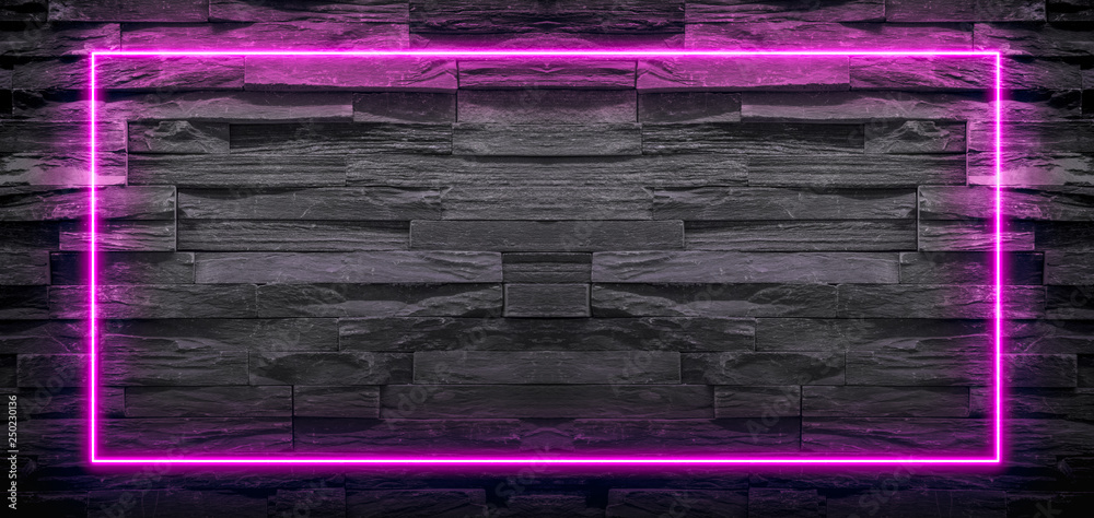 Sticker pink neon light frame on stone background. copy space for text or product display.