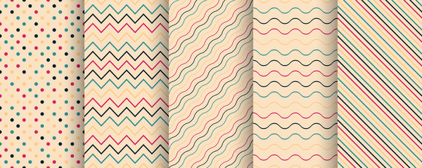 Set of simple seamless color patterns - retro minimalistic design. Striped, dots repeatable textile texture.